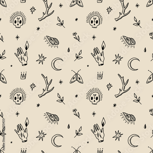 Witchcraft magic doodle things. Vector and jpg printable witchy doodles seamless pattern, unique repeat clipart illustration image, editable isolated details. Perfect for clothes design, wrapping