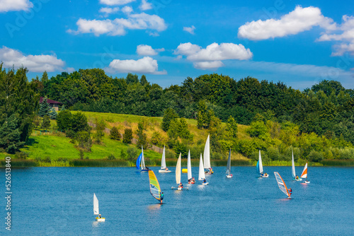 Group of sailboats sailing along the lake water