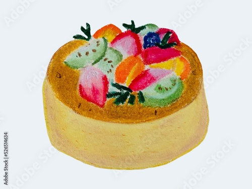 cake with fruits, illustration, hand drawing with oil pastel colour, white backgound. Element for decoration card or menu.