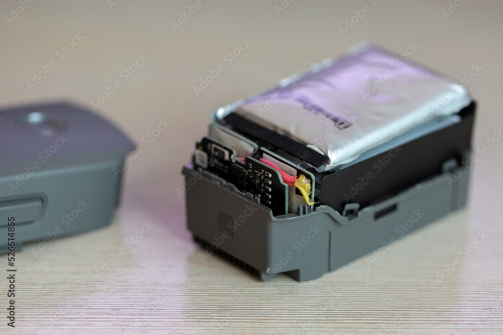 Disassembled drone battery, swollen battery, repair and maintenance of