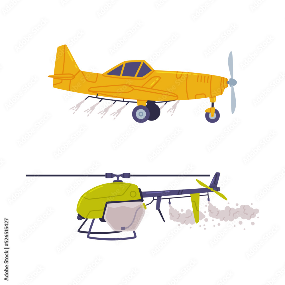 Set of agricultural airplanes. Helicopter and biplane for agricultural and farming industry flat vector illustration Set of agricultural airplanes. Helicopter and biplane for agricultural and farming industry flat vector illustration
