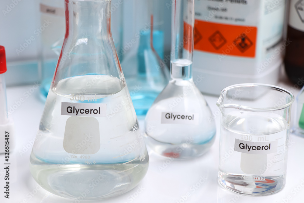 Glycerol in glass, chemical in the laboratory Glycerol in glass, chemical in the laboratory