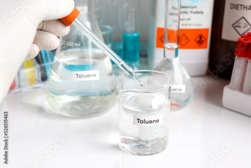 Toluene in glass, chemical in the laboratory