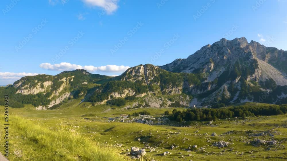 Montenegro. Durmitor National Park. Saddle Pass. Alpine meadows. Mountain landscape. Filming is being done from a car passing on the road Montenegro. Durmitor National Park. Saddle Pass. Alpine meadows. Mountain landscape. Filming is being done from a car passing on the road