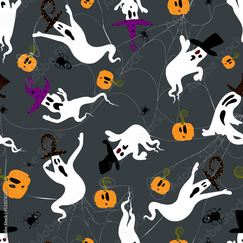 Halloween pattern of ghostly spiders, cobwebs, pumpkins on a gray background.For fabrics, for printing brochures, posters, parties, vintage textile design, postcards, packaging.