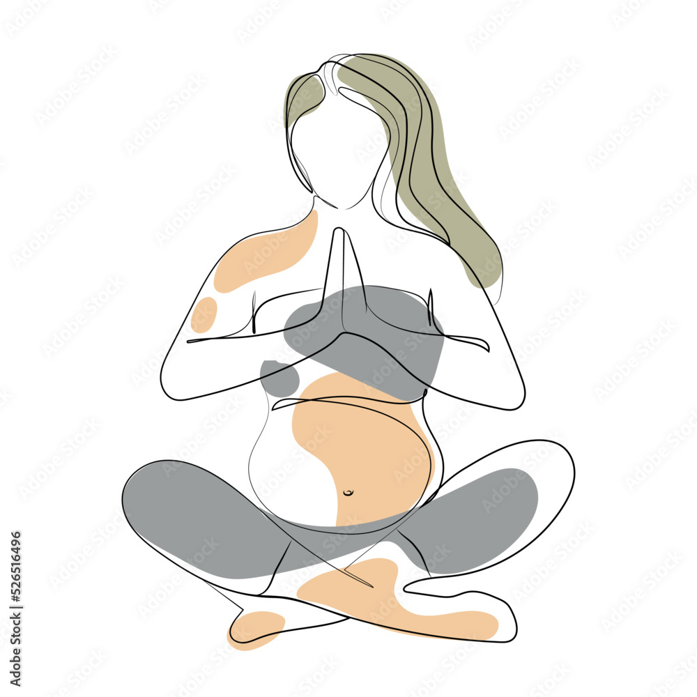 Pregnant woman sitting in lotus position, practicing meditation, yoga continuous line drawing vector illustration, expectant mother line art, one line drawing. Mother and baby health concept Pregnant woman sitting in lotus position, practicing meditation, yoga continuous line drawing vector illustration, expectant mother line art, one line drawing. Mother and baby health concept