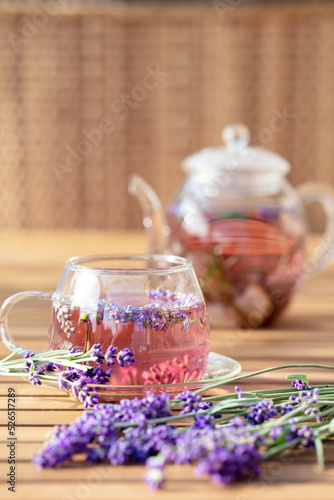 Glass cup of lavender tea.