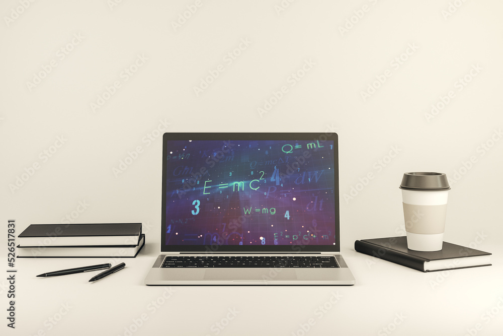 Modern computer monitor with creative scientific formula concept, research and development concept. 3D Rendering Modern computer monitor with creative scientific formula concept, research and development concept. 3D Rendering