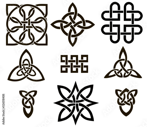Medieval Celtic knot tattoo set. Celtic, Irish knots ornament. Celtic symbols, endless knot shape vector icon