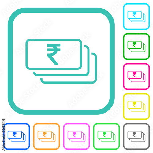 Indian Rupee banknotes outline vivid colored flat icons