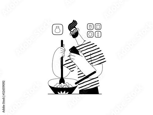 Shop now - Online shopping and electronic commerce series - modern flat vector concept illustration of a man cooking in pan and shopping. Promotion, discounts, sale and online orders concept