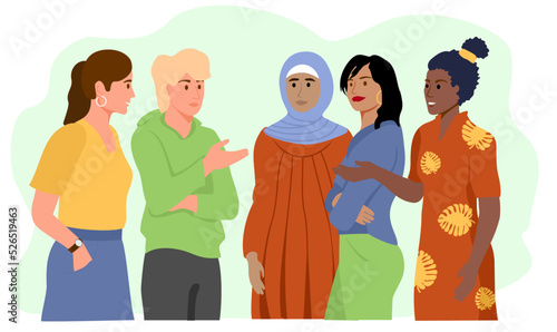 Multinational women friends talking together. Diverse girlfriends together. Different nationalities and races. Cute friends communication. Vector illustration in flat cartoon style