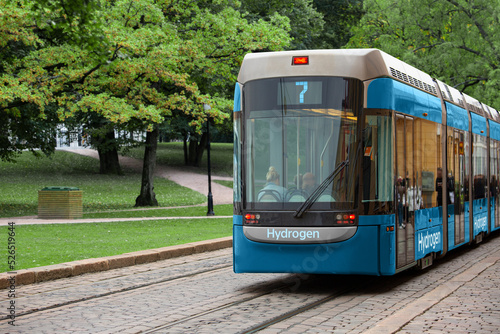 Concept of hydrogen fuel cell tram on a city street