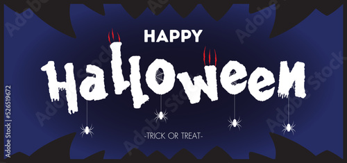 Happy halloween text banner with spider, spider web, isolated on blue background, font design , sale template ,website, poster, vector illustration photo