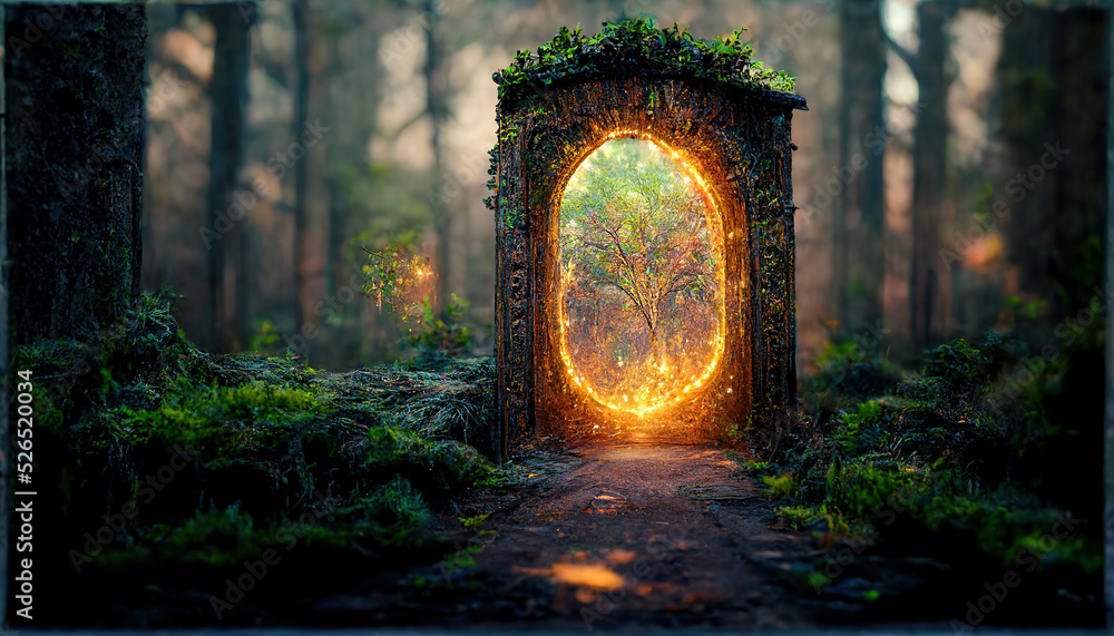 Spectacular fantasy scene with a portal archway covered in creepers. In the fantasy world, ancient magical stone gate show another dimension. Digital art 3D illustration. - obrazy, fototapety, plakaty 