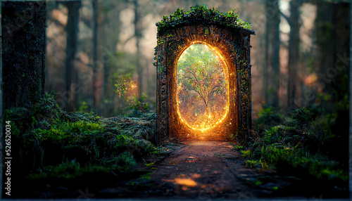 Fotografia Spectacular fantasy scene with a portal archway covered in creepers