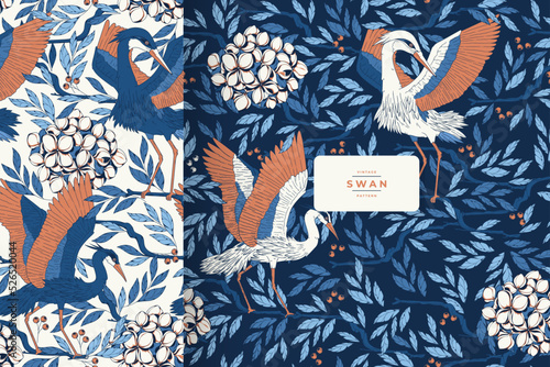 hand drawn vintage beautiful swan pattern template