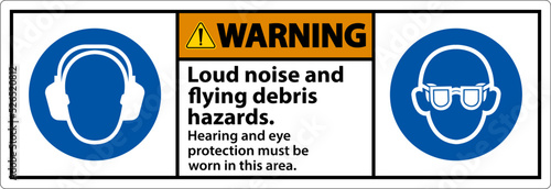 Warning Hearing and Eye Protection Sign On White Background