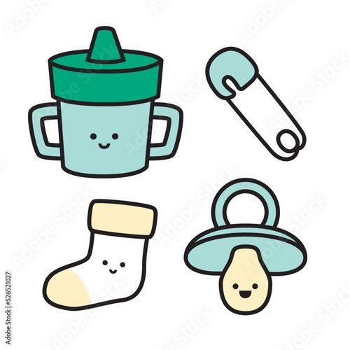 Happy baby face icon set sippy cup pacifier sock safety pin