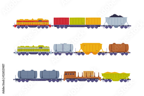 Freight railway transport set. Logistics industry and cargo transportation flat vector illustration
