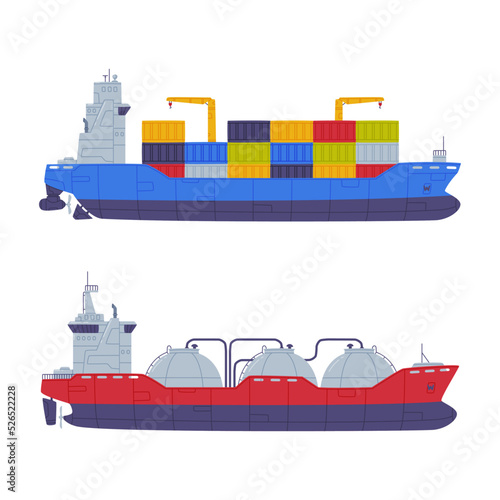 Cargo ship with containers and oil gas tanker flat vector illustration isolated on white flat vector illustration
