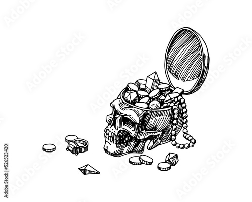A human skull filled with gold coins and gemstones. Pirate treasure chest. Vector illustration in black ink isolated on a white background.