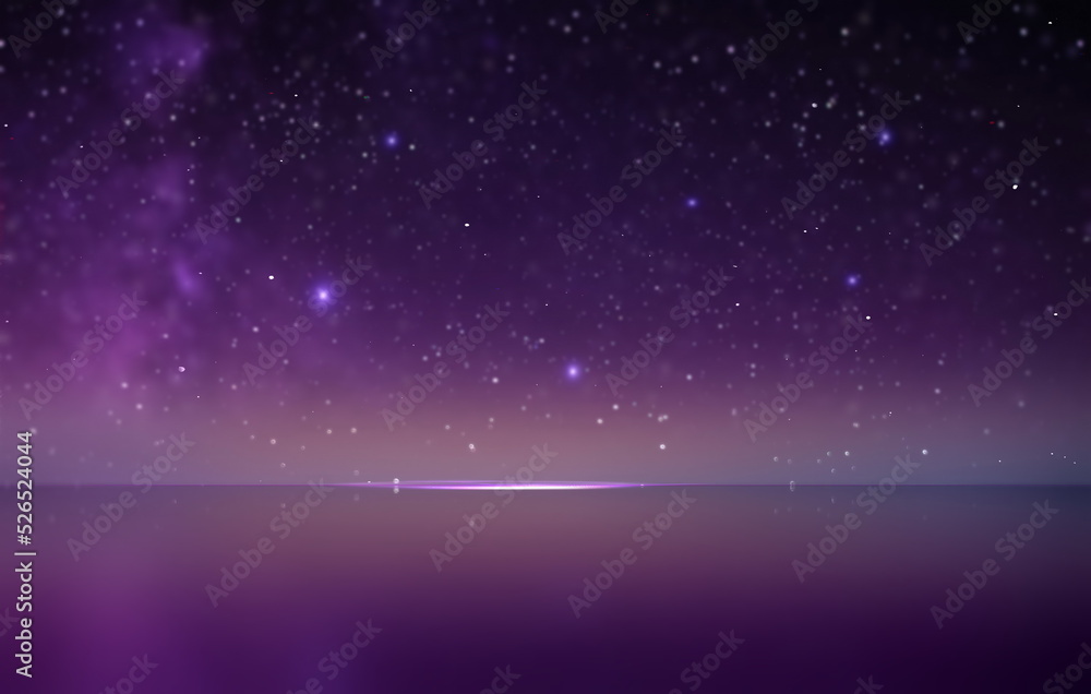 Fototapeta premium moon on blue lilac starry sky reflection on sea with planet flares universe nebula