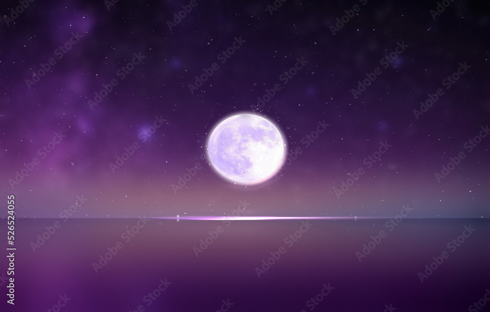 Naklejka premium moon on blue lilac starry sky reflection on sea with planet flares universe nebula
