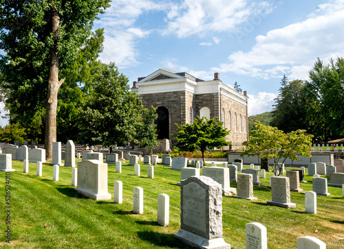 West Point, NY - USA - Aug 26, 2022: Landscape view of historic Old Cadet Chapel at the Academy's cemetery. photo