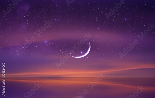  moon on blue lilac starry sky reflection on sea with planet flares universe nebula