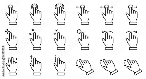 Gesture Slide Left and Right Line Icon Set. Hand Finger Touch, Swipe and Drag Linear Pictogram. Pinch Screen, Rotate Up Down on Screen Outline Icon. Editable Stroke. Isolated Vector Illustration