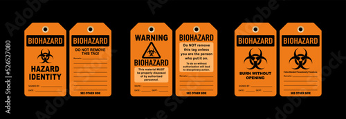 Biohazard tag vector illustrations. front and back templates of three different designs. Isolated on black background.