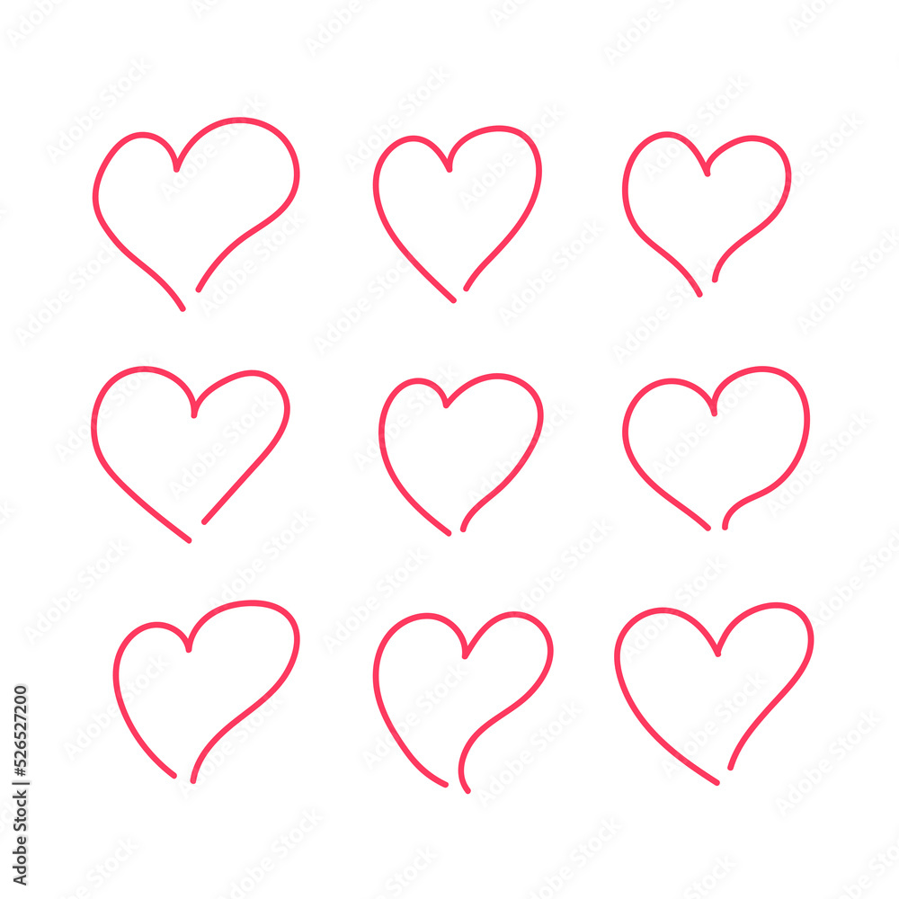 Red hearts. Love concept. Hand drawn, scribble, sketch, doodle design. Line icons. Outline symbols. Vector hearts set