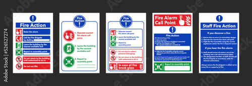 Fire action notice sign instructions vector set. Five different version.