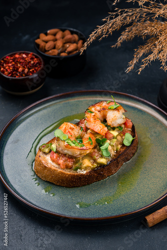 Bruschetta with shrimps and micro greens. Healthy eating concept
