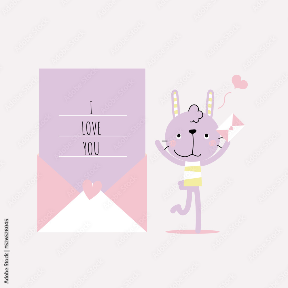 cute and lovely hand drawn rabbit bunny holding love letter with heart, happy valentine's day, love concept, flat vector illustration cartoon character costume design cute and lovely hand drawn rabbit bunny holding love letter with heart, happy valentine's day, love concept, flat vector illustration cartoon character costume design