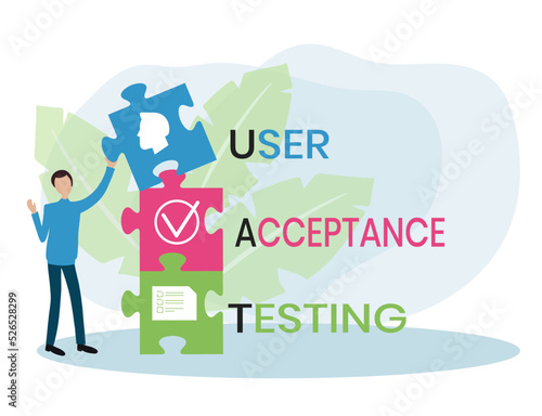 UAT or User Acceptance Testing for testing program in software development life cycle of concept design with illustration design on isolated white background
