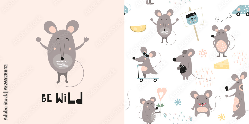 Mouse seamless pattern and print. Greeting card and wrapping paper set. T-shirt print and kids fabric design. Vector illustration Mouse seamless pattern and print. Greeting card and wrapping paper set. T-shirt print and kids fabric design. Vector illustration