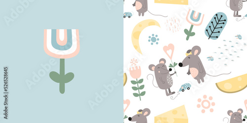 Animals seamless pattern and print with funny mouse and cheese. Greeting card and wrapping paper set. T-shirt print and kids fabric design. Vector illustration