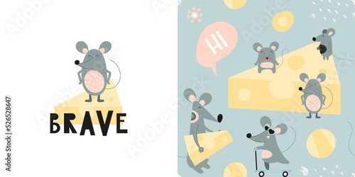 Fototapeta Naklejka Na Ścianę i Meble -  Mouse print and seamless pattern with cute mouse and cheese. Greeting card and wrapping paper set. T-shirt print and kids fabric design. Vector illustration