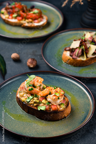 Bruschetta with shrimps, mayonnaise and micro greens. Healthy eating concept