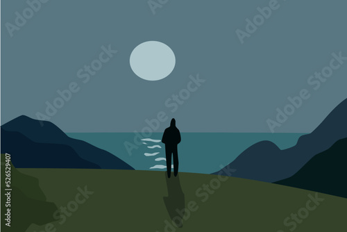 Mountains, moon over the sea. The silhouette of a man in the dark. Evening twilight. Vector flat illustration.