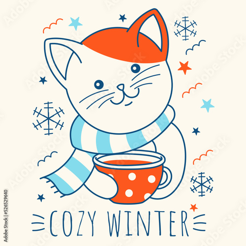 Cozy winter tea time or christmas holiday concept  with cute kitten. Simple doodle style print with fun cat. Korean style funny pet.
