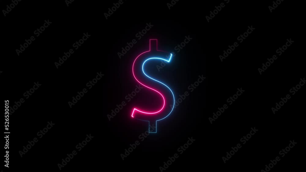 Bright neon glowing dollar symbol, light pink blue color symbol, seamless loop animation on black background Bright neon glowing dollar symbol, light pink blue color symbol, seamless loop animation on black background