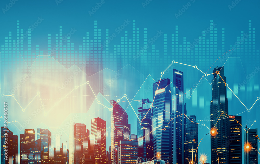 Stock market business concept. Financial graphs and digital indicators with modernistic urban area and skyscrapers as background. Double Exposure. - obrazy, fototapety, plakaty 