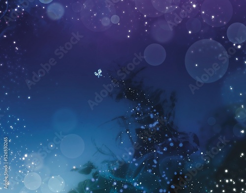 蝶の舞う夜の青いキラキラファンタジー背景 ラスター素材