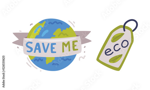 Green Globe with Save Me Message on Ribbon and Tag with Eco Inscription as Planet and Nature Conservation Vector Sticker Set