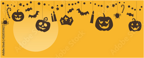 Happy halloween concept decoration background. Halloween pumpkins, spiders, bat, candy and ornaments. Halloween event, banner and graphic design illustration. Vector illustration.
