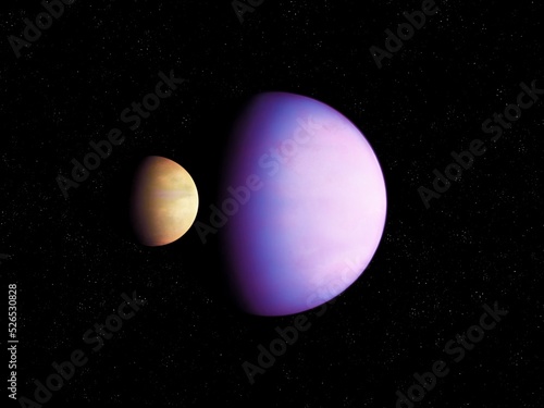Alien exoplanet has a large satellite. Moon near a distant planet, double planet.