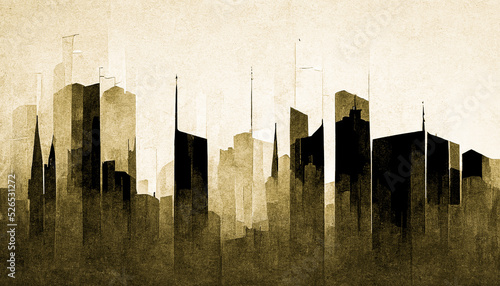 Spectacular abstract cityscape watercolor painting with black and white color with smog. Digital art 3D illustration.